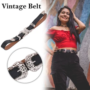 Estilo Vintage Plateado Doble Hebilla Piel Sintética Negro Cinturón Retro Cowboy - Imagen 1 de 7