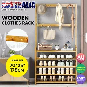 Large Wooden 5 Tiers Hat Coat Stand Clothes Shoe Rack Hanger Hooks Shelf Storage - Picture 1 of 9