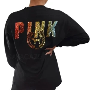 Victoria’s Secret Oversize-T-Shirt PINK Glitzer Pailletten Langarm Schwarz Neu - Bild 1 von 3
