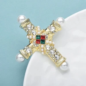 Ornate Religious Pearl Ends Cross Rhinestone Brooch Jewelry - Picture 1 of 3