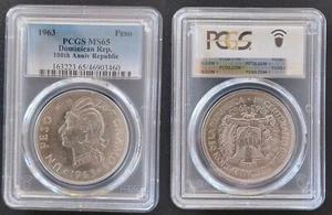 DOMINICAN REPUBLIC SILVER 1 PESO UNC COIN 1963 YEAR KM#30 RESTORATION PCGS MS65 - Picture 1 of 1