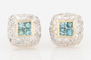 0.41ctw Blue and White Diamond Cluster Stud Pair Earrings 14k Multi-Tone Gold