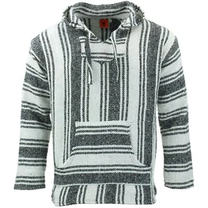 Recycled Mexican Baja Jerga Hoody Drug Rug Pullover Hoodie White Black - Picture 1 of 5