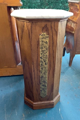 Oak Pedestal with Marble Top and Bronze Accents Cover