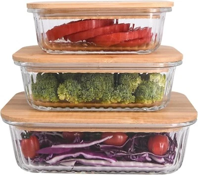 3-tlg Frischhaltedosenset Glas Aufbewahrungsboxen Vorratsdosen Deckel aus Bambus - Bild 1 von 4