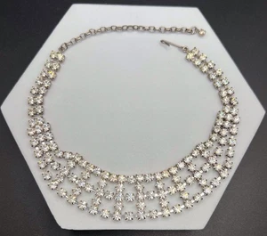 Vintage Clear Prong Set Rhinestone Choker Necklace Silver Tone Metal 11.5”-14.7” - Picture 1 of 5