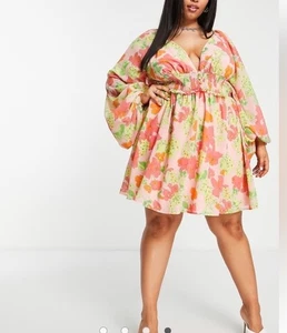 Asos Curve Chiffon-Minikleid geblümt rosa, Übergröße 20 - Bild 1 von 13