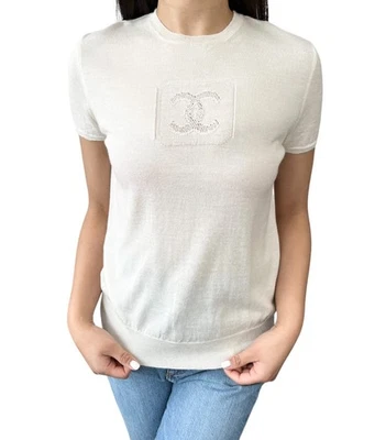 Camiseta Top CHANEL Vintage 03P Marca CC Logo Malla Tejida Blanca Manga Corta Algodón Foto 1 de 4