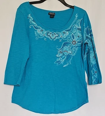 Camiseta Top Lucky Brand Bordada Serigrafía Manga 3/4 Turquesa Mujer M Foto 1 de 4