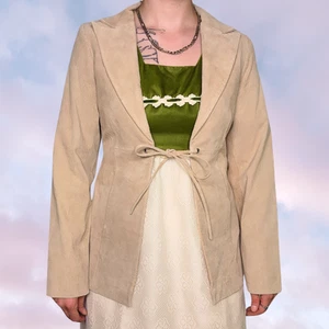 Vtg 90s Y2k Tan Suede Leather Tie Front Hippie Boho Bratz Collared Jacket Sz Sm - Picture 1 of 9