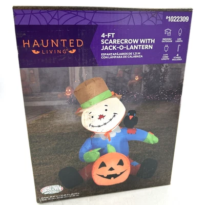 4' Thanksgiving LED Self-Inflatable Fall Harvest Scarecrow Sitting With Pumpkin - Image 1 of 3