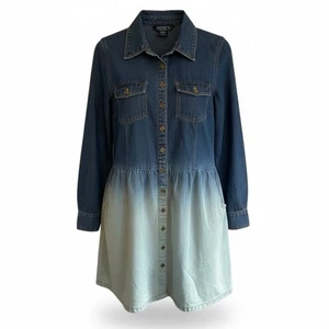 Angie Denim Ombré Hemdblusenkleid Damen Lg Knopfleiste Tasche Boho Western 100% Baumwolle - Bild 1 von 10