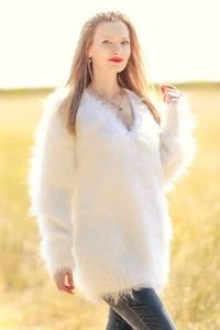 SuperTanya Blanco Difuso Mohair Suéter Grueso Cuello en V Hecho a Mano Jersey, Talla L-XL - Imagen 1 de 9