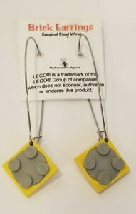 Lego Brand Building Block Brick Earring Pierced Yellow Gray Surgical Steel Wire