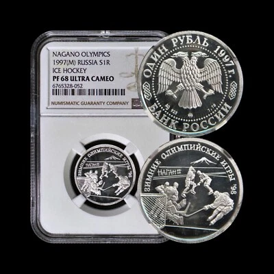 RUSSIA. 1997, 1 Rouble, Silver - NGC PF68 - Top Pop 🥇 Hockey, Moscow, Nagano - Image 1 of 4