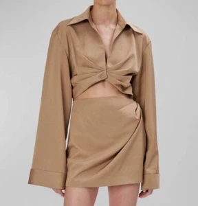 $488 Ronny Kobo Women Brown V-Neck Bell-Sleeve Cutout Mini Shirt Dress Size S - Picture 1 of 4