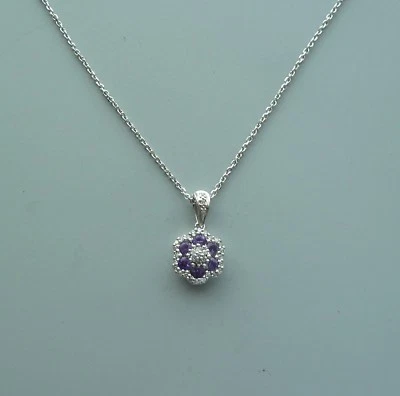14K WHITE GOLD AMETHYST AND DIAMOND PENDANT/NECKLACE 18" CHAIN NICE - Image 1 of 4