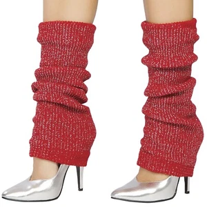 Red Silver Sparkle Leg Warmers Knee High Metallic Knit Retro Costume 80s LW102 - Picture 1 of 2