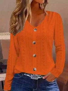 Women's Eyelet Semi Sheer Faux Button Front Long Sleeve Tangerine Top Size L - Picture 1 of 7