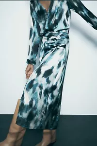 ZARA Floral Satin Faux Wrap Pleated Slit Ladies Midi Dress Skirt NEW Size XS - Picture 1 of 11