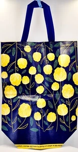 Floral Tote Bag,Laminated,Yellow Flowers,Navy Blue,Navy Blue Straps,18x13.5"x6"d - Picture 1 of 2