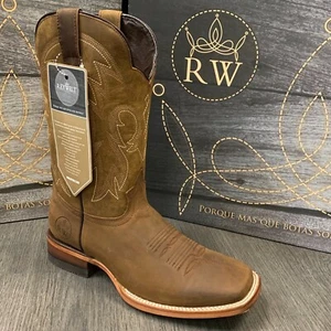 MEN'S RODEO COWBOY BOOTS GENUINE LEATHER BROWN SQUARE TOE BOTA RANCH SADDLE - Picture 1 of 23