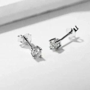 5mm Round Cut Solitaire Small Natural Moissanite Earring 14k White Gold Plated - Picture 1 of 5