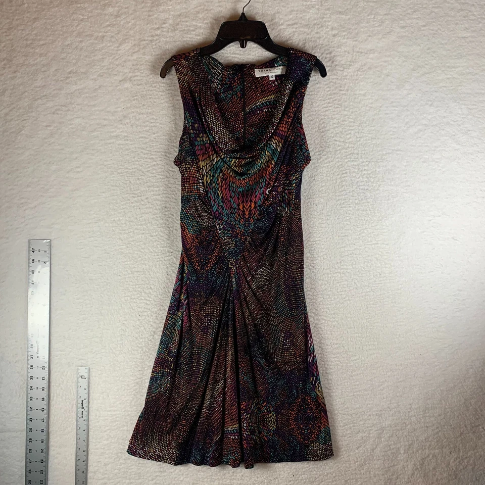 Vestido Trina Turk feminino sem mangas estampa de ponto multicolorido seda franzida tamanho 10 9071 - Imagem 1 de 4