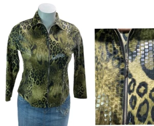 Exclusively Misook Jacket Women M Stretch Green Leopard Print Paillettes Sequin - Picture 1 of 12