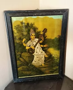 Antique Raja Ravi Varma Silk JignaCloth Lithograph Print Hindu Goddess Saraswati - Picture 1 of 16