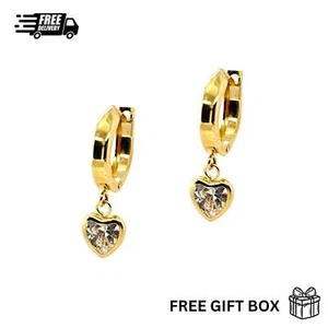 14k Yellow Gold Heart Huggie Dangle Earrings - Picture 1 of 1