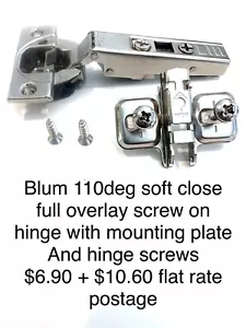 blum hinge. 110° soft close Screw On Full Overlay + Mounting Plate 71B3550 - Picture 1 of 3