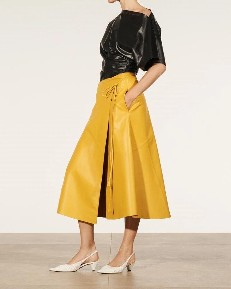 Handmade Women's Lambskin Yellow Leather Pocket Skirt Below Knee Length Plus Siz - Image 1 of 4