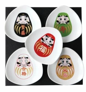 Mino ware Pottery Japanese Plate Triangular dish Fukuraku Daruma 5-Piece set - Picture 1 of 8