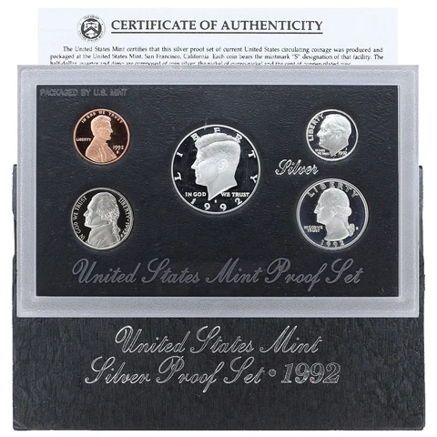 1992 S Proof Set Original Box & COA 5 Coins 90% Silver Cover