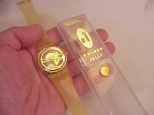 NOS Swatch Watch Golden Jelly #1 GZ115 1990 w Correct Box Gold Battery Runs Fine - Picture 1 of 11