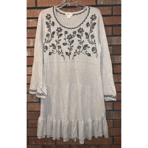 Style & Co Womens Beige Long Sleeve Dress Black Embroidery Cotton Blend Size 0X - Picture 1 of 4