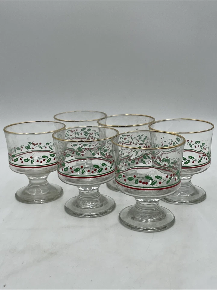 6 Arby's 1986 Christmas Sherbet Dessert Glass Vintage Holly & Berry Libbey Xmas - Image 1 of 4