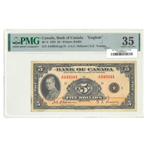 $5 1935D BC-5 English The Bank of Canada Osborne-Towers Prefix A PMG VF-30 - Picture 1 of 2