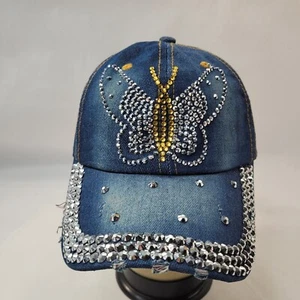 Cappello berretto baseball donna farfalla strass denim invecchiato strapback blu - Foto 1 di 8