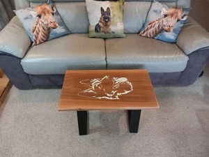 coffee table, solid Walnut, handmade, with epoxy dog design, on metal legs - Picture 1 of 4