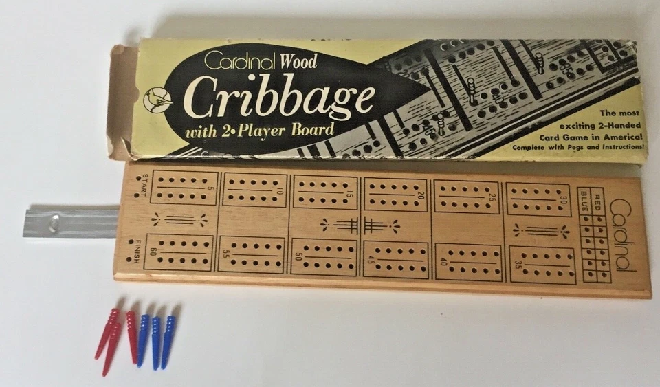 Vintage Cardinal Wood Cribbage 2 Player Board with 6 Pegs and Box  Awesome Board - Image 1 of 4
