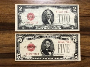 $2 & $5 1928 g & 1928 c Red Deal Legal Tender Banknote Bills NICE condition - Picture 1 of 4