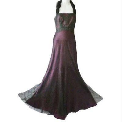 Badgley Mischka Beaded Black & Plum Lace Silk Halter Mermaid Evening Gown Dress - Image 1 of 4