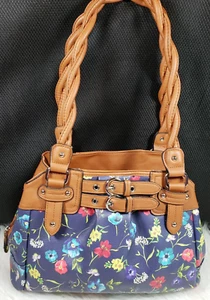 Rosetti Blue Multi-Colored Floral Faux Leather Brown Trim & Buckle Twisted Strap - Picture 1 of 10