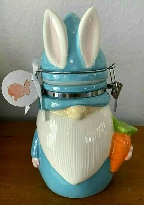 Easter BUNNY GNOME Carrot Hinged Canister Cookie Jar Coffee Treats Locking Lid - Image 1 of 3