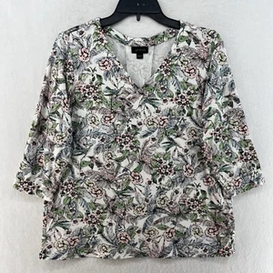 J. Jill Wearever Blouse Womens M White Green Floral V Neck 3/4 Sleeves Tropical - Picture 1 of 12
