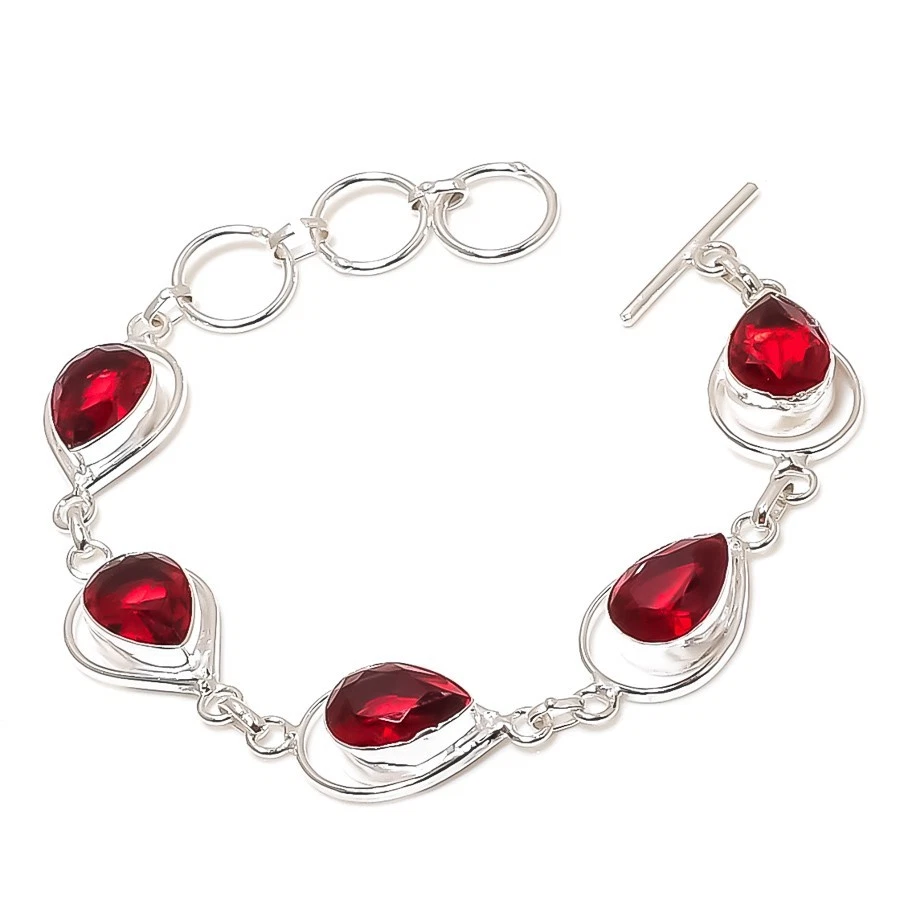 Red Garnet Gemstone Handmade 925 Sterling Silver Jewelry Bracelet Size 7-8" - Image 1 of 1