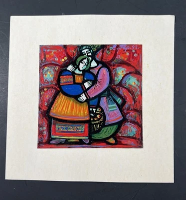 Sergei Gerasimenko 1993 Tempera Arte Popular Pintura Pareja 6x6” Original Foto 1 de 4