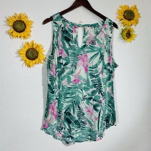 Blusa fluida sin mangas con cuello en V floral palmera azul marino antigua talla XL para mujer - Imagen 1 de 9